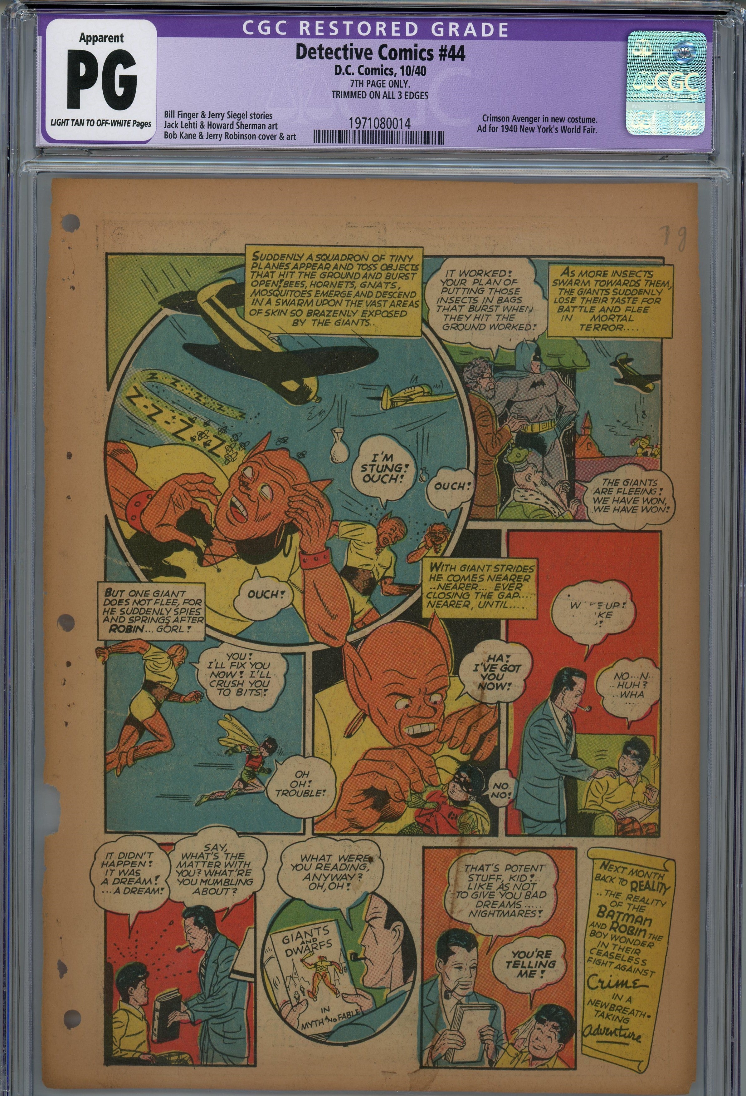 CGC PG 1940 Golden age Batman Detective comics Page 1-7 single pages