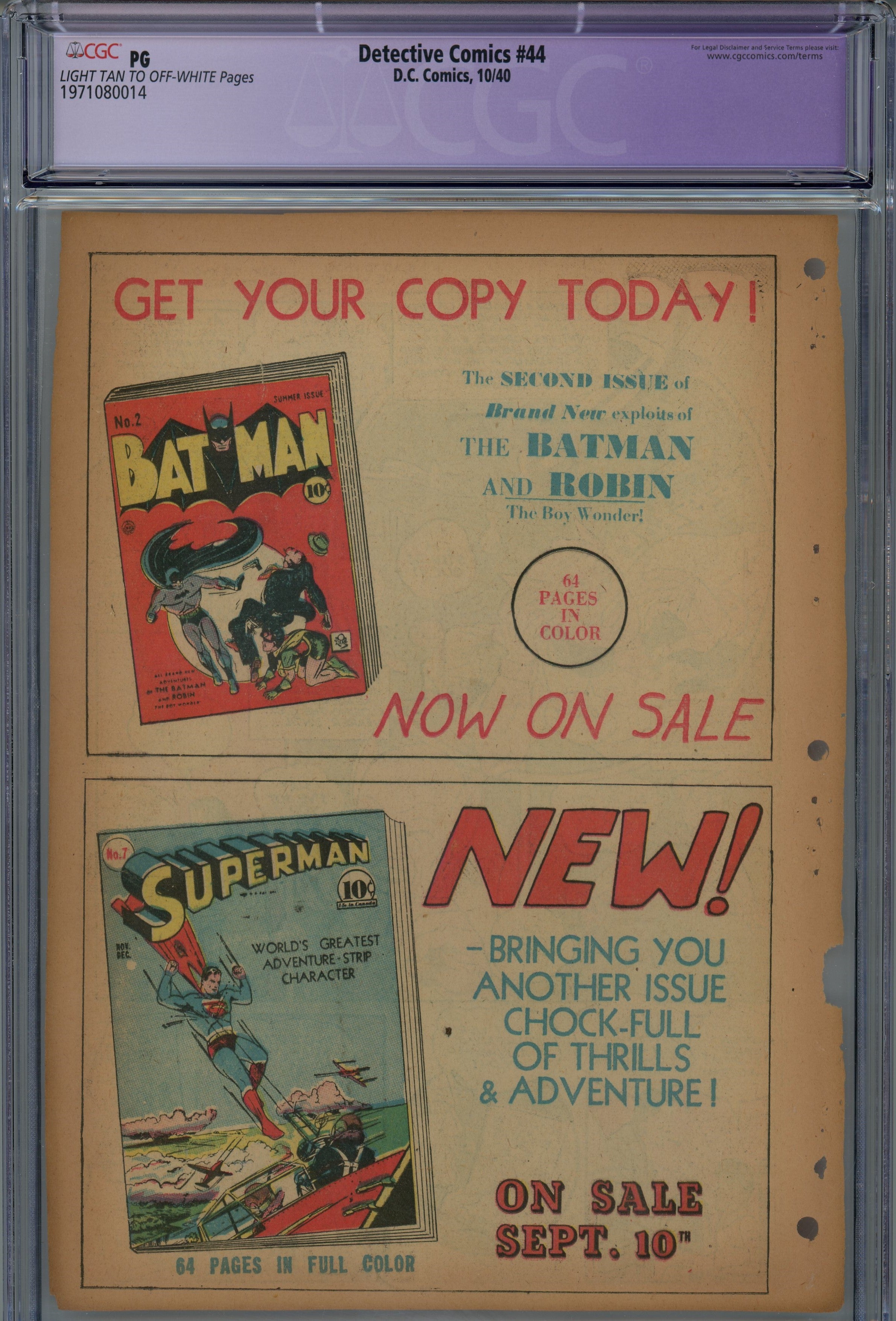 CGC PG 1940 Golden age Batman Detective comics Page 1-7 single pages