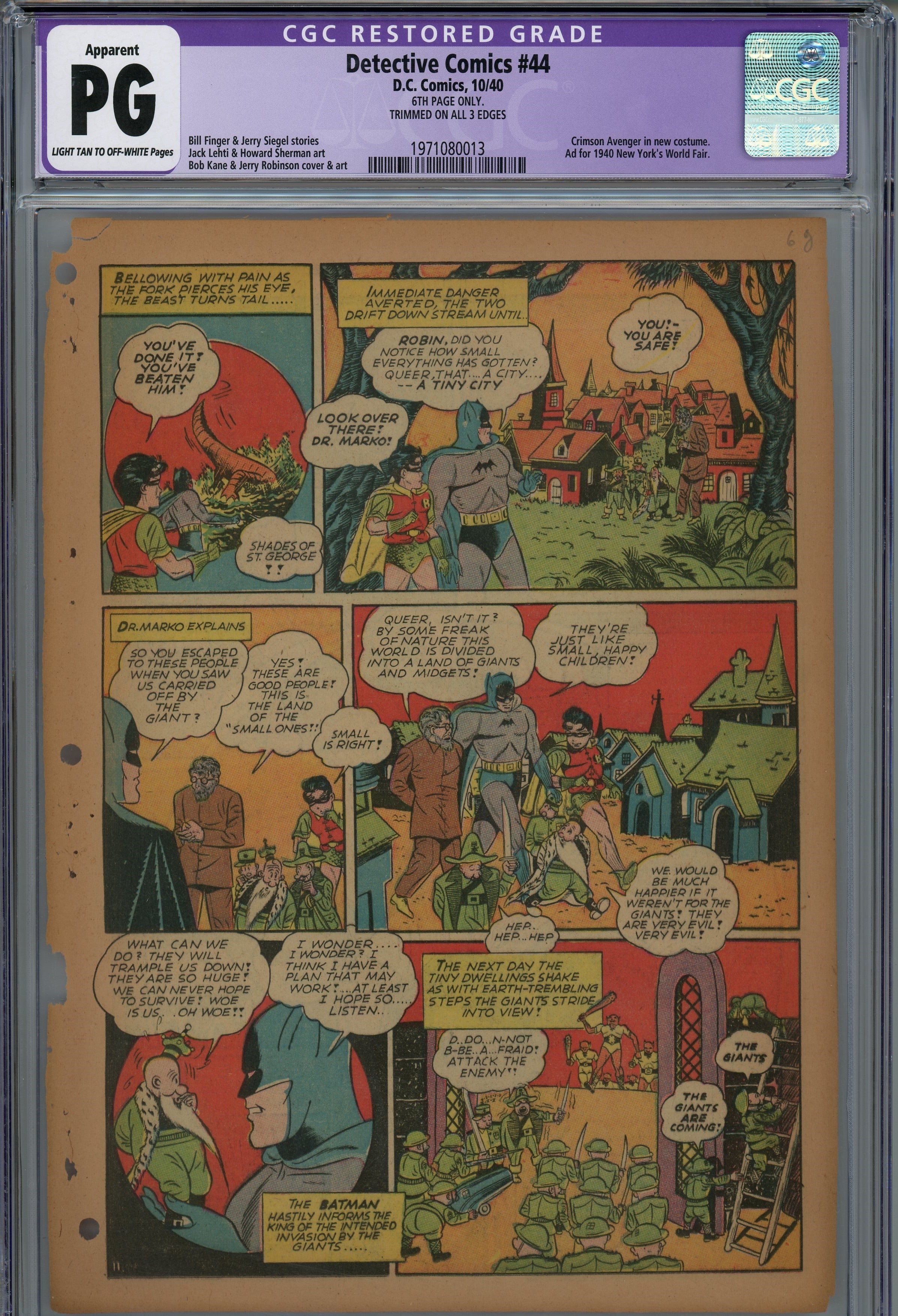 CGC PG 1940 Golden age Batman Detective comics Page 1-7 single pages