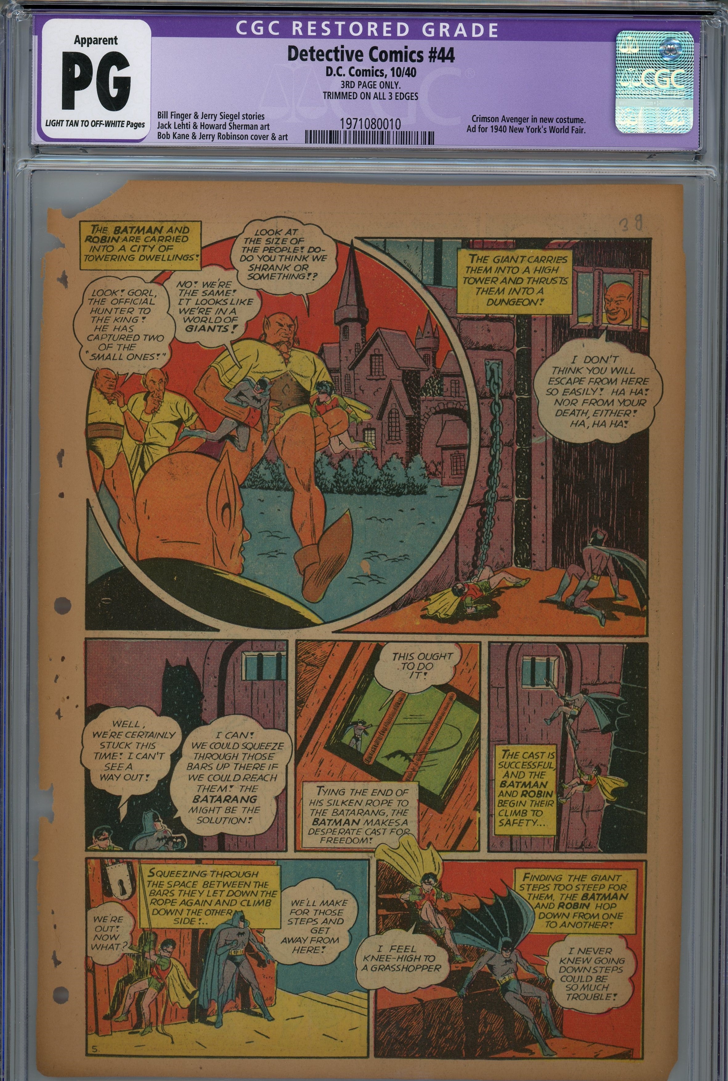 CGC PG 1940 Golden age Batman Detective comics Page 1-7 single pages