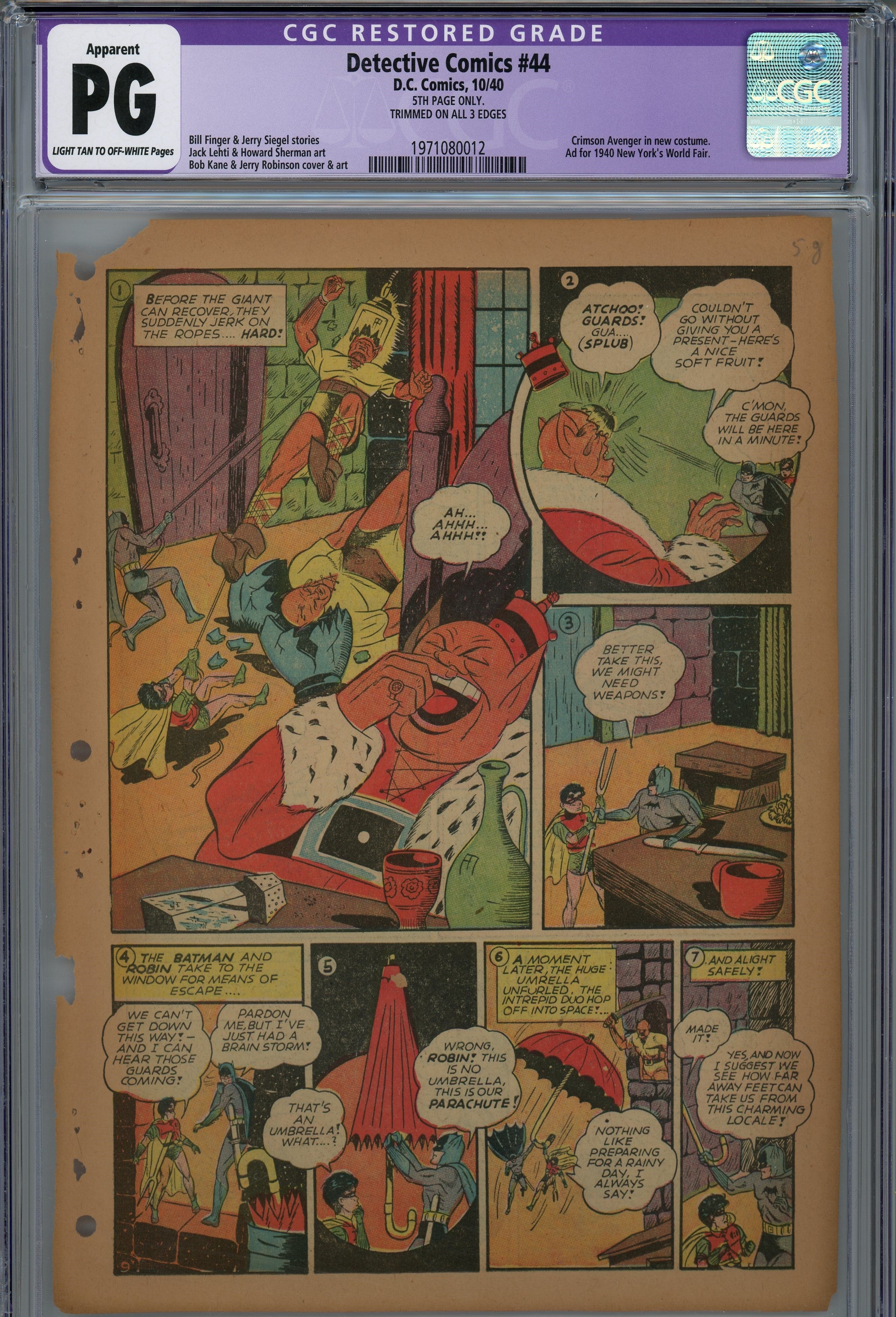 CGC PG 1940 Golden age Batman Detective comics Page 1-7 single pages