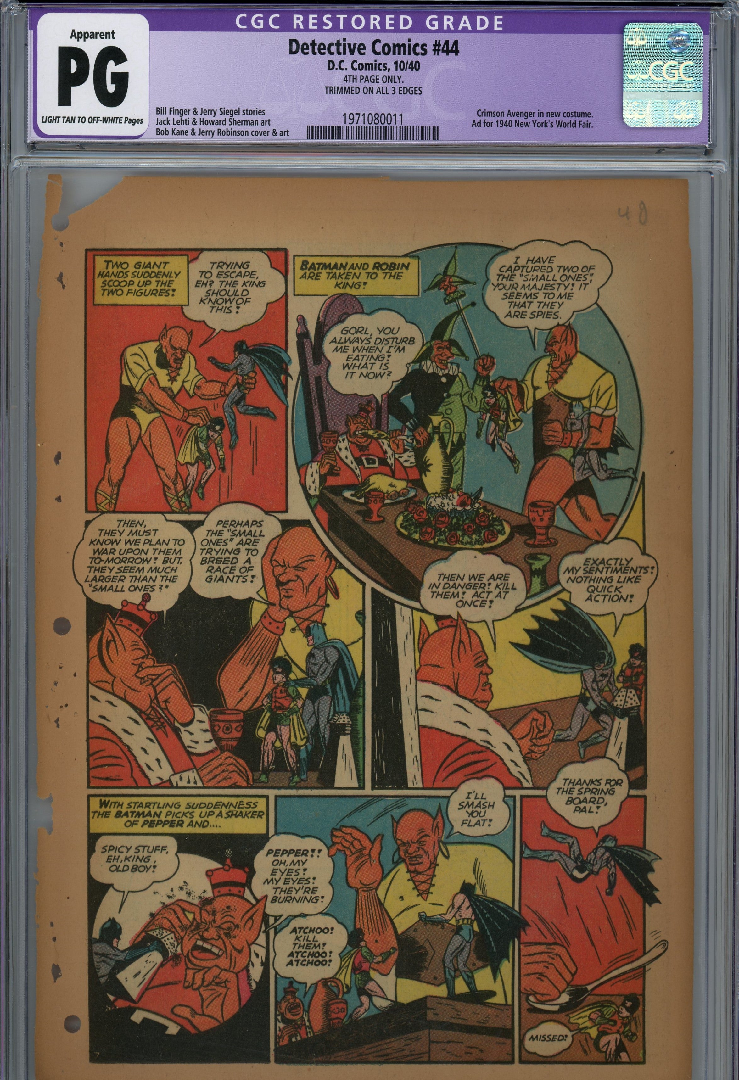 CGC PG 1940 Golden age Batman Detective comics Page 1-7 single pages