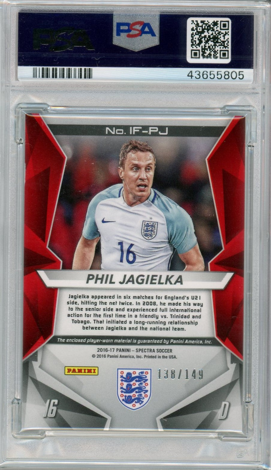 PSA 9 Mint Phil Jagielka 138/149 // Patch international fabrics // 2016 Panini spectra