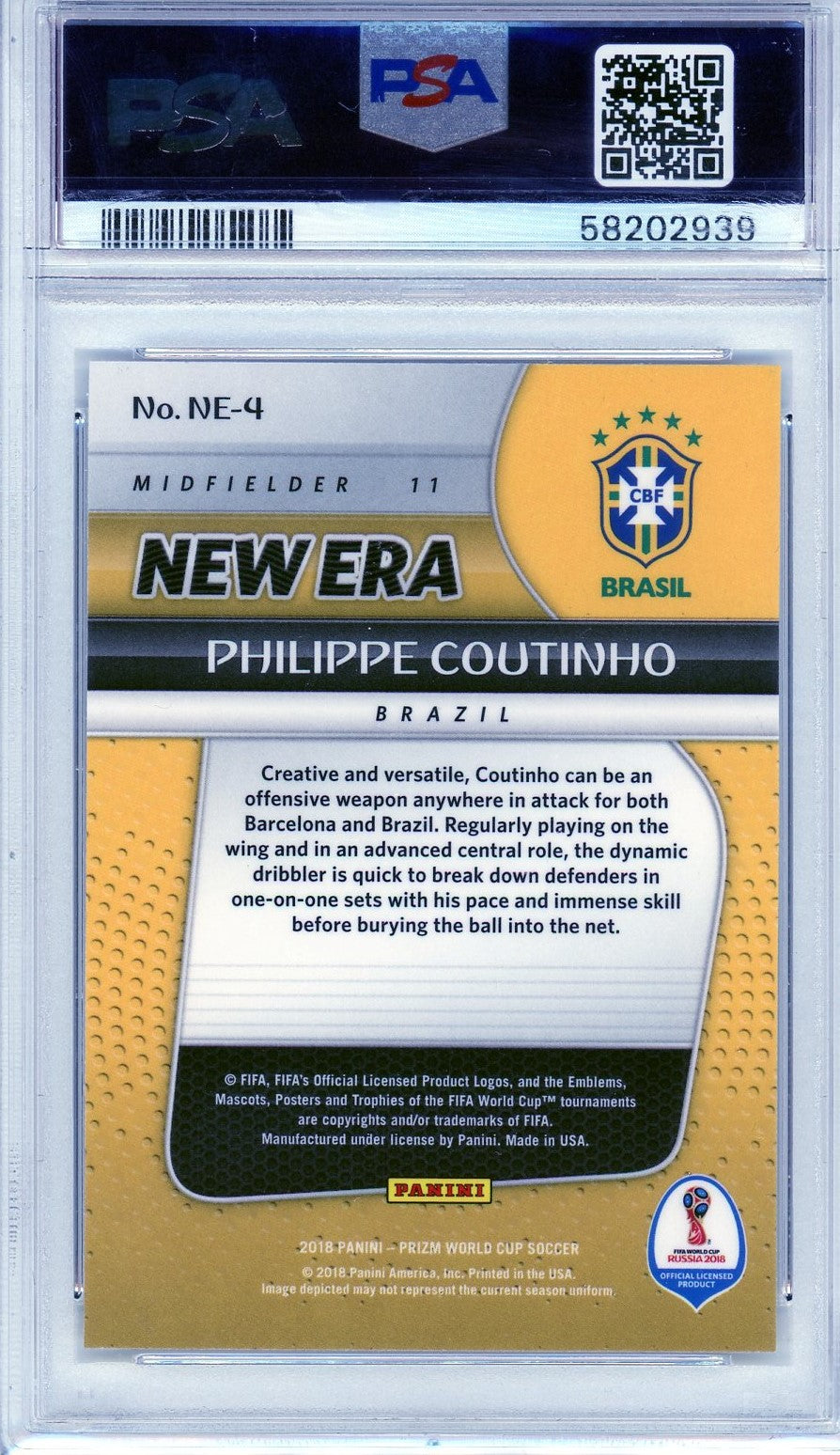 PSA 10 Philippe Coutinho // 2018 Panini prizm world cup // New era