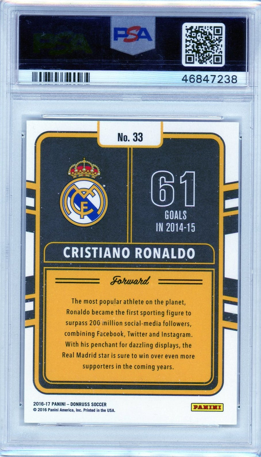 PSA 9 Christiano Ronaldo // Production Line - GOLD // 2016 Panini Donruss