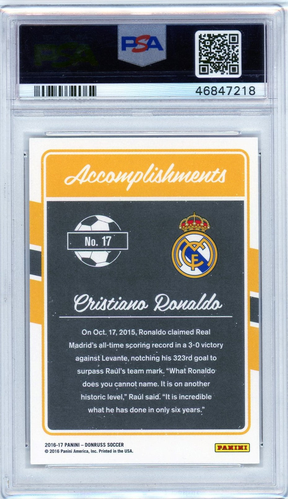 PSA 9 Christiano Ronaldo // Accomplishments - GOLD // 2016 Panini Donruss