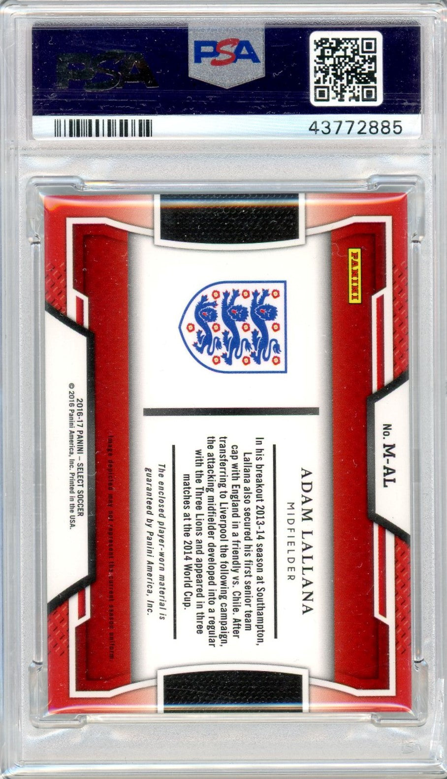 PSA 9 mint Adam Lallana // 2016 Panini Select // Memorabilia