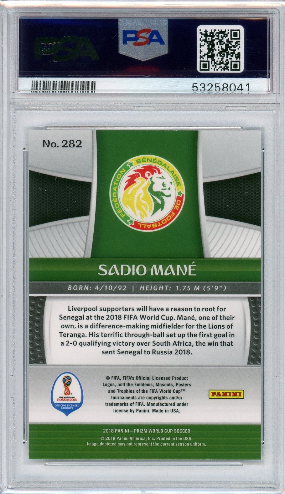 PSA 9 Sadio Mane // 2018 Panini prizm world cup #282