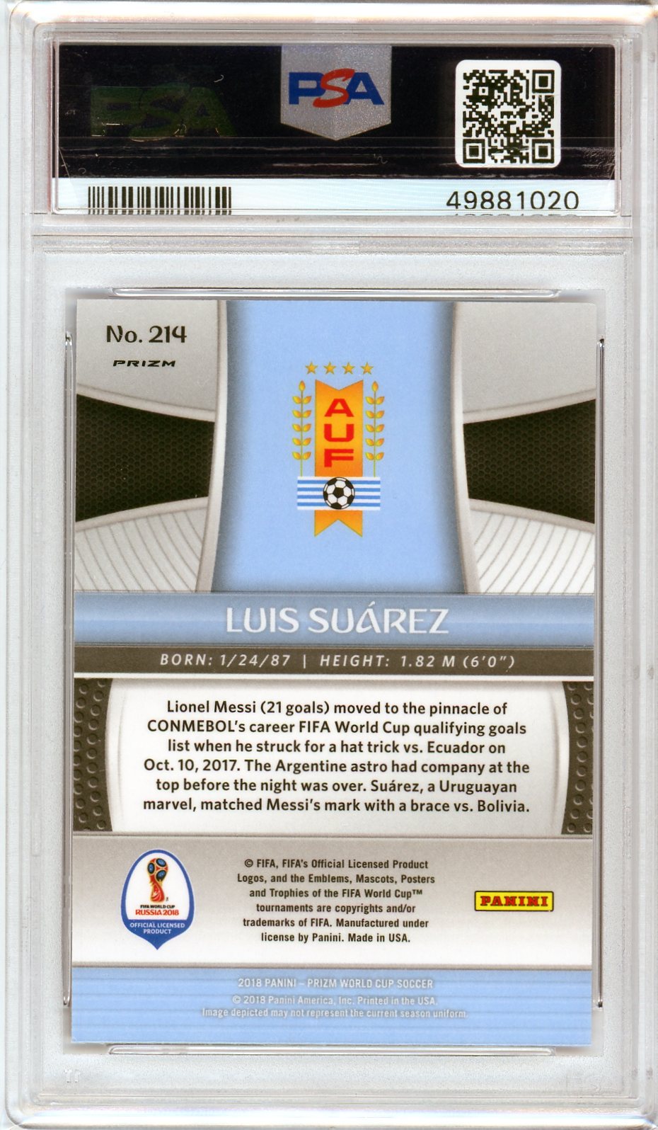 PSA 9 Luis Suarez // 2018 Panini Prizm world cup // Red / Blue wave #214