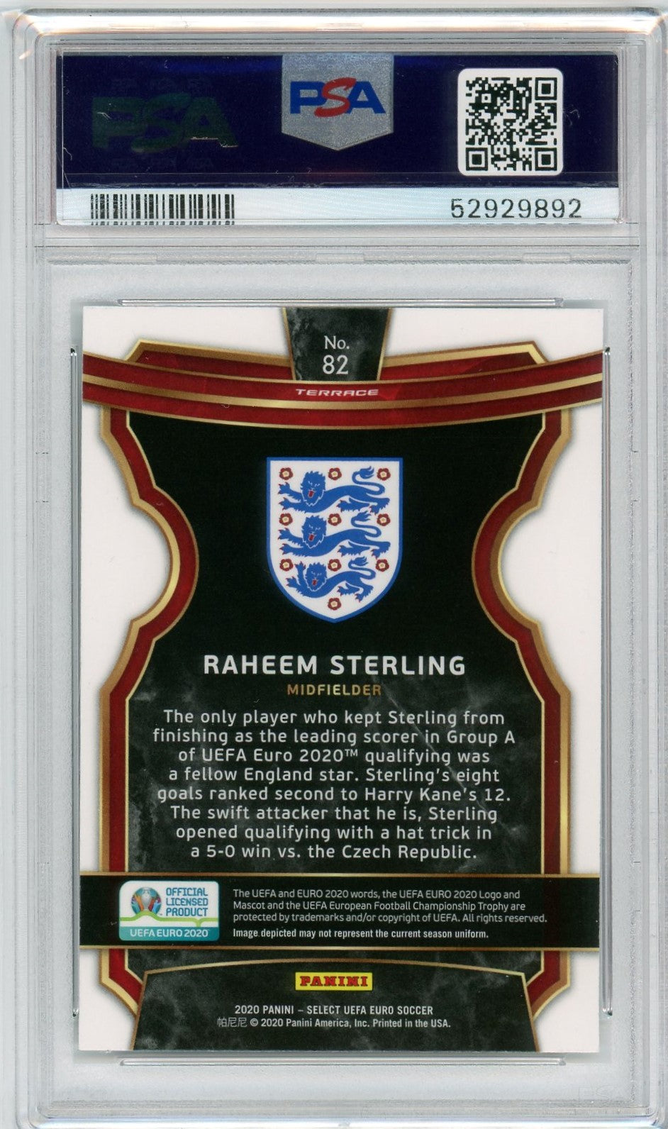 PSA 9 Raheem Sterling // 2020 Select UEFA Euro #82 // England