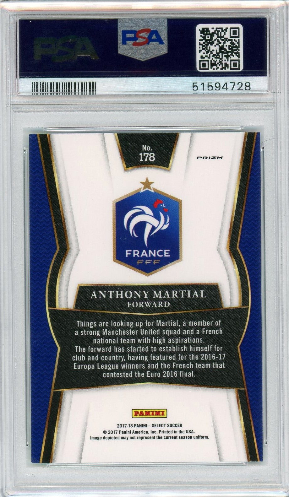 PSA 9 Anthony Martial // 2017 Panini Select // Multi-color #178 // France